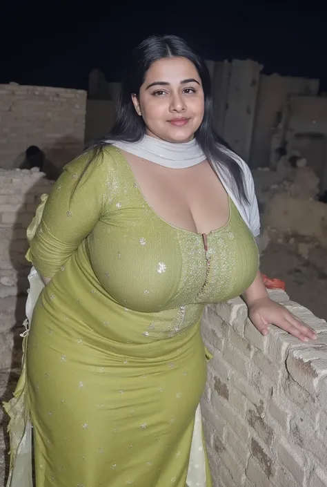 Beautiful chubby muslim Pakistani fair round face, chubby thick voluptuous body, mature housewife standing on abandoned building terace, leaning back on brick wall, wearing half sleeve kurti salwar, white sher scarf pallu, midnight darkness in background, ...