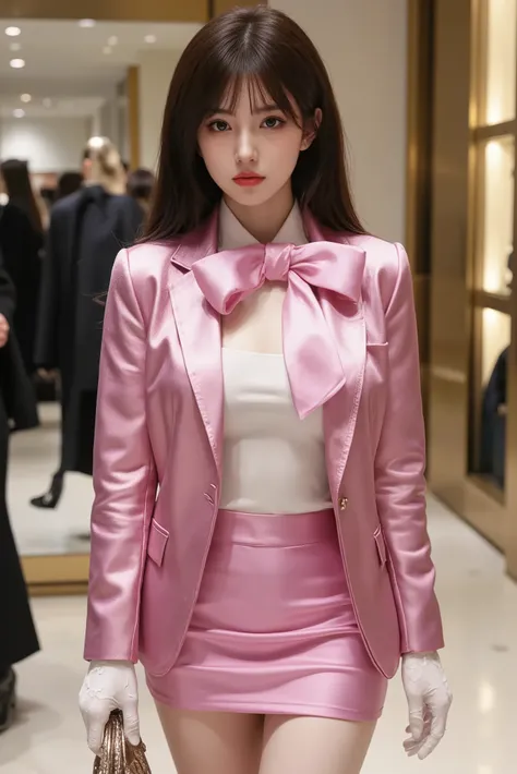 High Resolution 、 silk jacket with reflective luster、 blouse with large bow 、 micro mini skirt 、 tight skirt 、 pink、Thin type、 white gloves、 Department Stores、Silk shiny clothes