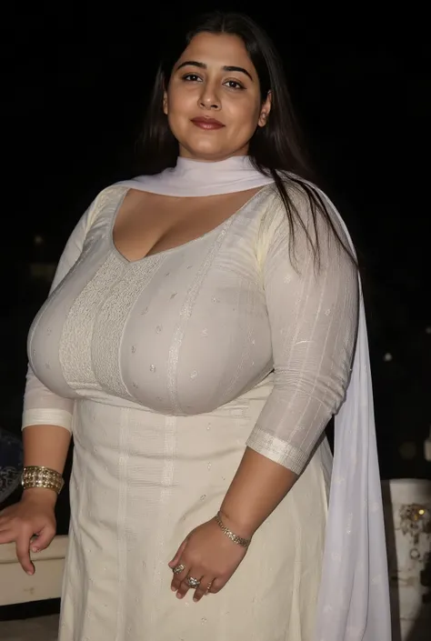 Beautiful chubby muslim Pakistani fair round face, chubby thick voluptuous body, mature housewife standing on abandoned building terace, leaning back on brick wall, wearing half sleeve kurti salwar, white sher scarf pallu, midnight darkness in background, ...
