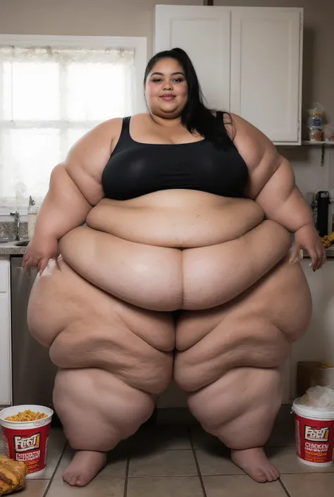 A highly detailed photorealistic photo of the most extremely fat, massively oversized, beautiful woman imaginable standing in a full body shot. She is an ultra-morbidly obese, hyper super super sized SSBBW, weighing over 1000 pounds with countless massive ...