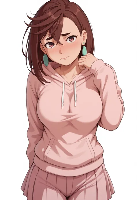 momo ayase, posing embarrassed , red face , short hair, brown hair, brown eyes, bangs, thick eyebrows, large breasts,, shy expression, blushing cheeks, detailed shading, soft shadows,white background, empty background, anime style, high detail, clean backg...