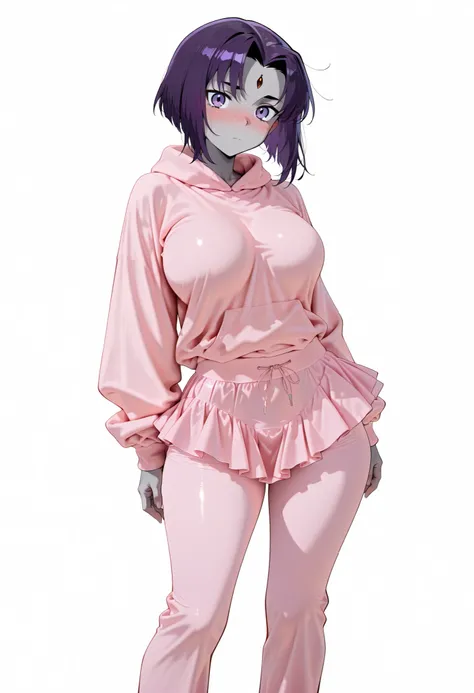 nice legs, standing, white background, simple background, large breasts,, nose blush, shiny legs, shiny body, shiny hair, clear skin, clear body, looking at viewer, standing, nice legs, posing, 1girl, Raven, purple hair, purple eyes, grey skin, forehead je...