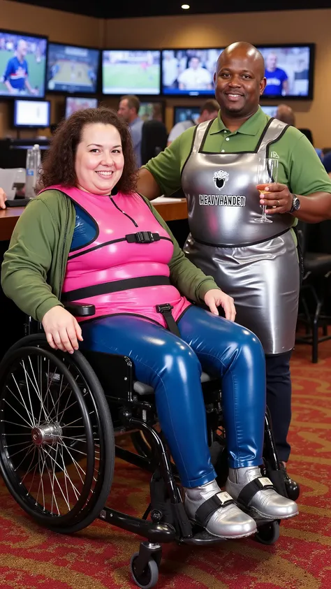 A 54 year old 500 pound woman with thick arms a cute large face and big belly, wears a pink thick neoprene padded wheelchair harness, with black nylon straps, wearing a blue wheelchair hip belt, wearing a green rubber latex jacket, wearing a pink latex shi...