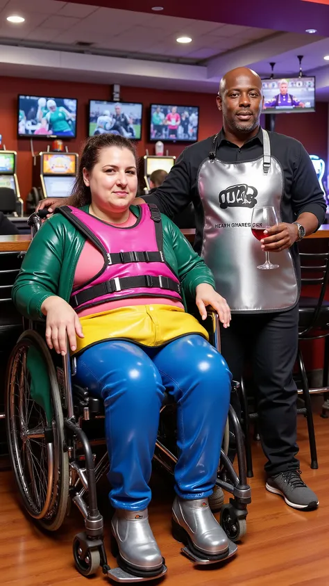 A 54 year old 500 pound woman with thick arms a cute large face and big belly, wears a pink thick neoprene padded wheelchair harness, with black nylon straps, wearing a blue wheelchair hip belt, wearing a green rubber latex jacket, wearing a pink latex shi...