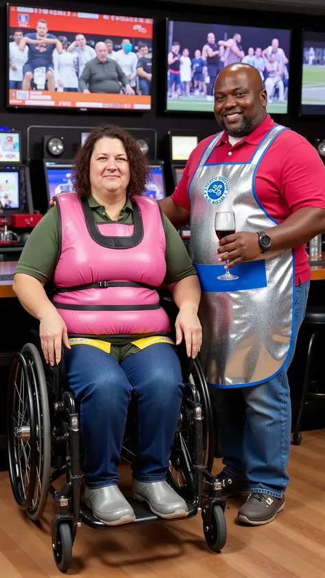A 54 year old 500 pound woman with thick arms a cute large face and big belly, wears a pink thick neoprene padded wheelchair harness, with black nylon straps, wearing a blue wheelchair hip belt, wearing a green rubber latex jacket, wearing a pink latex shi...