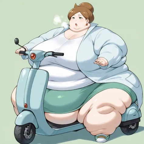 1girl, solo, c-juniper, mature female, green eyes, hair bun, brown hair, lab coat, green skirt, earings, white shirt, long sleeves, fat, chubby, obese,, big breasts open mouth, out of breath, Larger female, full body shot, sitting on a mobility scooter 