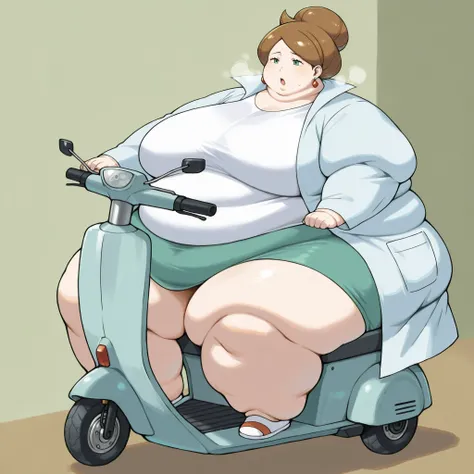 1girl, solo, c-juniper, mature female, green eyes, hair bun, brown hair, lab coat, green skirt, earings, white shirt, long sleeves, fat, chubby, obese,, big breasts open mouth, out of breath, Larger female, full body shot, sitting on a mobility scooter 