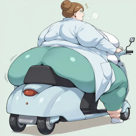 1girl, solo, c-juniper, mature female, green eyes, hair bun, brown hair, lab coat, green skirt, earings, white shirt, long sleeves, fat, chubby, obese,, big breasts open mouth, out of breath, Larger female, full body shot, sitting on a mobility scooter, ba...