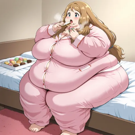pokemonserena, serena, long hair, blue eyes, brown hair, button up pajamas, bedroom, fat, chubby, obese,, big breasts open mouth, out of breath, Larger female, full body shot, sitting on bed, sitting down, in front of tones of food, eating macarons, eating...