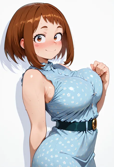 (masutepiece, Best Quality, hight resolution,, Perfect Pixel, depth of fields, 4K), Beautiful anime girl, Perfect body , uraraka ochako ,,,,, , , jewelry, , , sweat, , ,looking at viewer, , , ,, smile, , blush, with an extremely curvy and voluptuous figure...