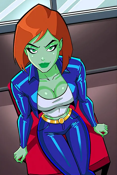 BREAK, score_6_up, score_7_up, score_8_up, score_9, 1girl, solo, green skin, green eyes, orange hair, green lipstick, makeup, Megan, superhero, large breasts, busty, cleavage, curvy, athletic, looking at viewer, seducing viewer, teasing viewer, seductive e...