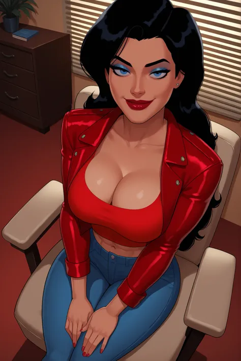 BREAK, score_6_up, score_7_up, score_8_up, score_9, Donna Troy, 1girl, solo, lipstick, makeup, long hair, black hair, blue eyes, looking at viewer, smiling, closed mouth, sultry expression, bedroom eyes, large breasts, busty, cleavage, curvy, athletic, lo...