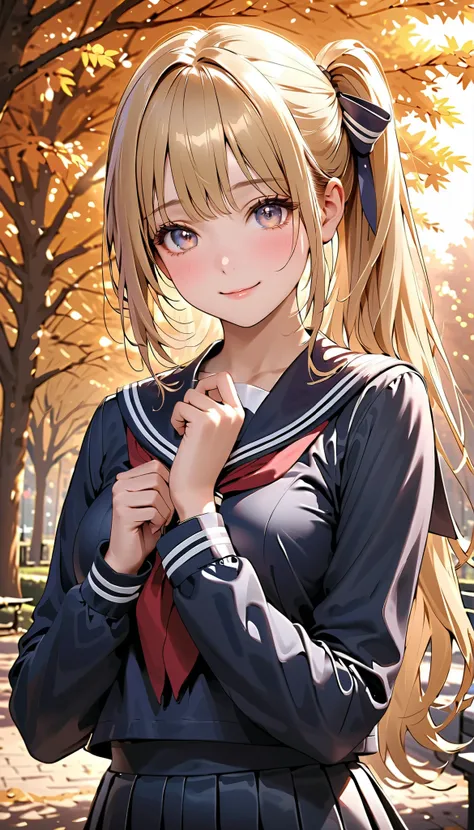 masterpiece, realistic, photorealistic,
1 girl, high school girl, babyface, cute face:1.2,
long hair, side ponytail, blonde hair, medium breasts, shiny skin, super detailed skin,
navy sailor suit, winter uniform, long sleeves, navy pleated skirt,
a...