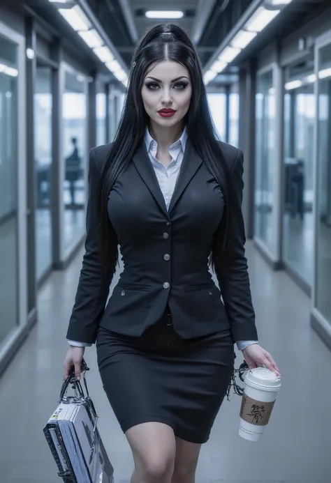 A professional office hallway photograph of a woman in a dark business suit with a pencil-skirt, carrying a stack of documents and a white disposable coffee cup. The subject has dramatic makeup with dark red lipstick, smoky eyes, and long black hair styled...