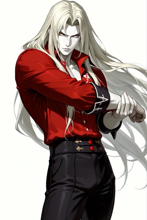 ((Masterpiece, absurdres, topquality) 1boy, solo, standing,alucard_castlevania, long hair, yellow eyes, pale skin, red button shirt, black pants, tucked in, folded sleeves, looking at viewer, white background, masculine man, half body shot, dynamic pose, f...