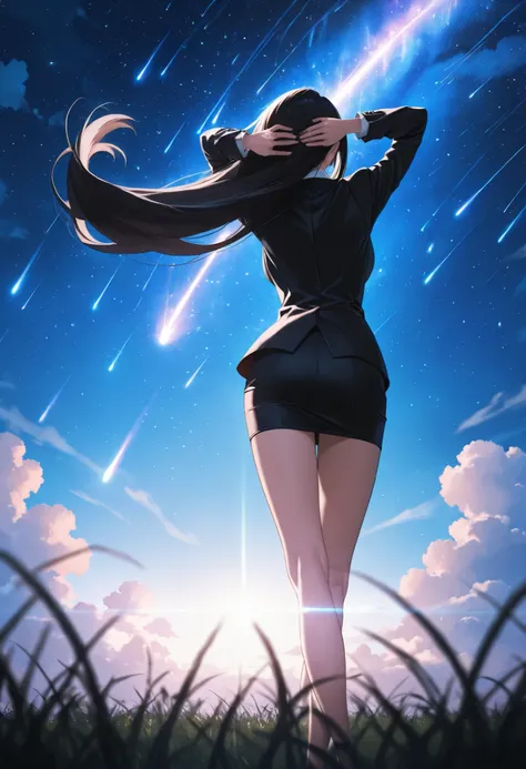 masterpiece, ultra-HD, high detail, depth of field, best quality, 8k, best quality, ergonomic, (anime coloring, anime screencap), official art.
1 girl, long legs, from behind, arms behind head, long black hair, white shirt, black suit , office lady, night...
