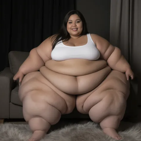 A image depicts a wide angle shot of a beautiful, extremely fat, extremely plus-sized woman, sitting down. She is an extremely morbidly obese, super super sized, SSBBW, USSBBW weighing 800 pounds with massive rolls of fat, a huge sagging belly hanging over...