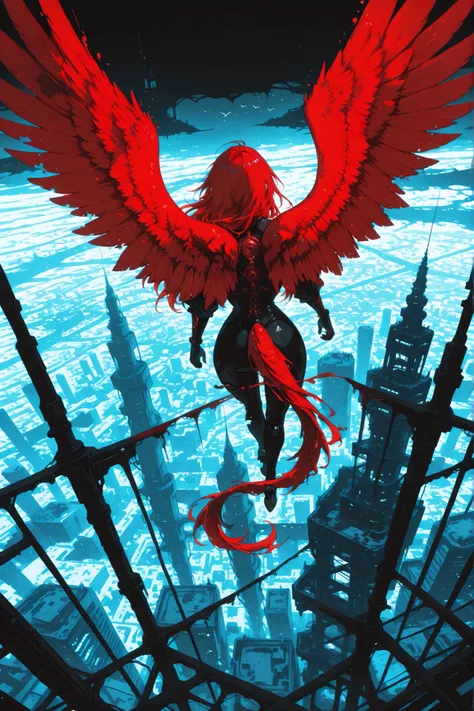 high quality, masterpiece, best quality, bird's-eye view, aerial view, floating city, sprawling city, rough brushstrokes, expressive brushstrokes, chaotic ink splatters, dragon with wide wings, small dragon, woman rider, red hair, long red hair, flowing re...