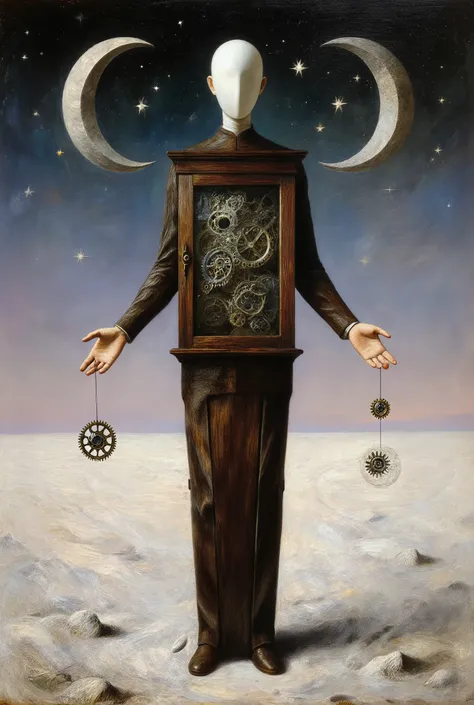 Surrealist oil painting, metaphysical landscape, intricate detail, poetic surrealism, soft celestial twilight, style of Siudmak and Magritte. A tall, slender being composed of polished, dark wood and porcelain, like a living artisan cabinet. Its face is a ...