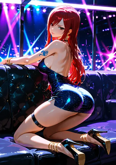1girl, solo, erza scarlet, fairy tail, short dress, kneeling on the couch, nightclub, vip lounge, short dress, bracelets, leg jewelry, high heels, looking back, seductive, sexy pose, alluring atmosphere, cinematic lighting, BREAK, masterpiece, superb quali...
