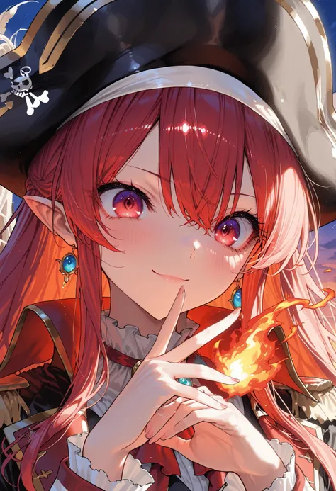 Brilliant Colors,beautiful eyes,A delicate smile,Textured Skin,masterpiece,Kilo,Highest Quality,gentle and beautiful woman,赤い髪，captain，Pirate Fleet，無数のsailが旗めく，sail，The Enchanted Pirate,A powerful pirate ship,A magnificent ship's hull,A rolling ocean,A vib...