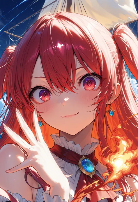 Brilliant Colors,beautiful eyes,A delicate smile,Textured Skin,masterpiece,Kilo,Highest Quality,gentle and beautiful woman,赤い髪，captain，Pirate Fleet，無数のsailが旗めく，sail，The Enchanted Pirate,A powerful pirate ship,A magnificent ship's hull,A rolling ocean,A vib...