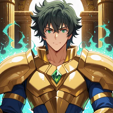 Detailed anime-style fantasy illustration featuring a Naofumi Iwatani, from The Rise of the Shield Hero, proudly wears the Saint Seiya-inspired Golden Armor of Leo. His build is athletic and slender, without being overly muscular. He has tousled black hair...