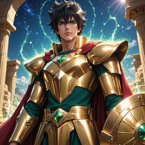 Detailed anime-style fantasy illustration featuring a Naofumi Iwatani, from The Rise of the Shield Hero, proudly wears the Saint Seiya-inspired Golden Armor of Leo. His build is athletic and slender, without being overly muscular. He has tousled black hair...