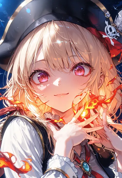 Brilliant Colors,beautiful eyes,A delicate smile,Textured Skin,masterpiece,Kilo,Highest Quality,gentle and beautiful woman,赤い髪，captain，Pirate Fleet，無数のsailが旗めく，sail，The Enchanted Pirate,A powerful pirate ship,A magnificent ship's hull,A rolling ocean,A vib...