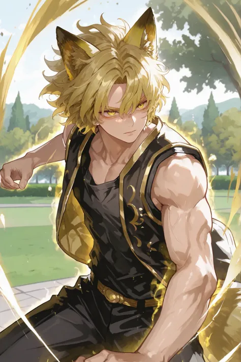 Male, wavy hair, golden hair, short hair, golden eyes, high school, golden aura, park landscape, white and golden aura, floating hair, fight stance, toned, fox ears, masculine, sleeveless open vest, ultra_instinct
