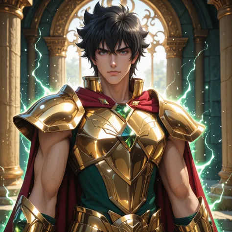 Detailed anime-style fantasy illustration featuring Naofumi Iwatani from The Rise of the Shield Hero proudly sporting the Saint Seiya-inspired Golden Armor of Aries. His build is athletic and slender, without being overly muscular. He has long, shaggy blac...