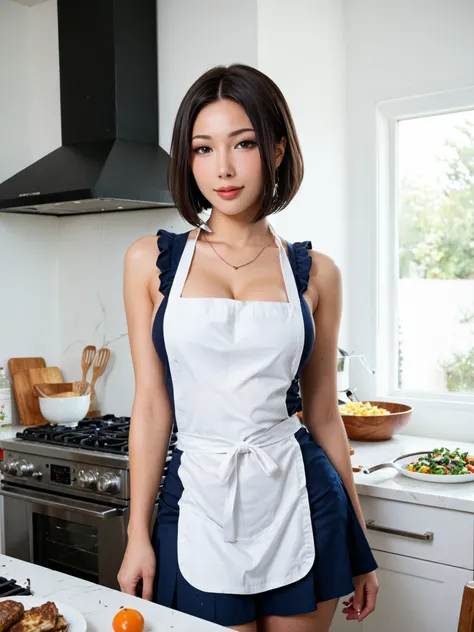 Highest Quality, masterpiece,viewers,bewitching expression,cleavage,sleeveless,mini skirt,aprons,portrait, like the picture, Taiwanese beauty, cooking in the kitchen, big boobs,wet skin,soft touch,Delicate Body Curves,Realistic Human Body,bob cut,is cookin...