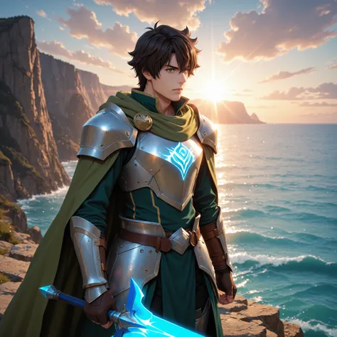 Naofumi Iwatani from The Rising of the Shield Hero, anime style, wearing detailed warrior armor with green and black tones, accented by metallic blue highlights. He wields a glowing blue spear, its energy swirling like water and wind. His short dark brown ...