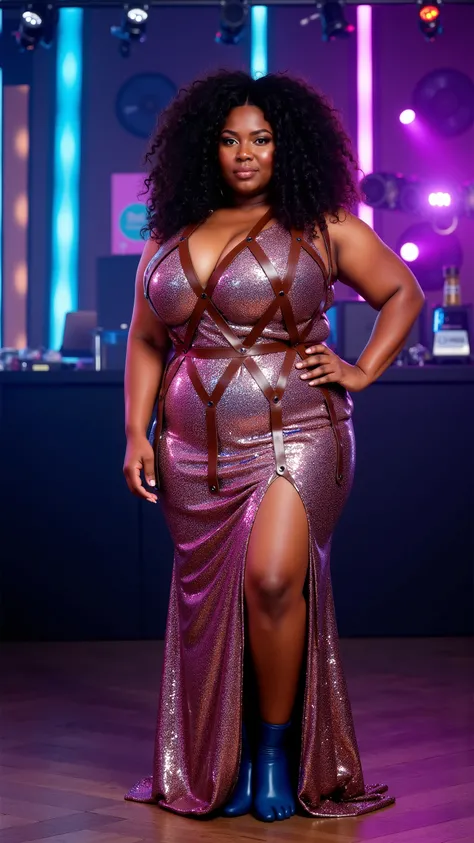 gbth70sjkt,a 40 year old black woman weighing 200 pounds with large arms belly and double chin, big beautiful woman, inside of a night club with lasers standing near a DJ booth, the woman wears a soft pink and blue sequin dress that goes down to her ankles...