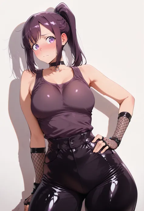 masterpiece, best quality, amazing quality, 1girl, solo,
purple hair, purple eyes, high ponytail,
Forearm gloves, fingerless gloves, tank top, choker, fishnet gloves, pants, wearing pants, normal pants,
standing, hand on own hip, embarrassed, blush, look...