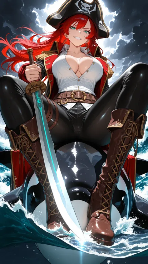 (masterpiece:1.3), (best quality), (ultra detailed), (dramatic lighting), (vertical composition:1.2), (centered composition:1.1),
a powerful beautiful female pirate, (on the orca's back), sitting astride a giant orca rising from stormy waves,
she holds a c...