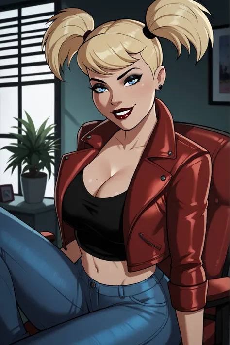 BREAK, score_9, score_8_up, score_7_up, score_6_up, Harleybtas, 1girl, solo, twintails, short hair, blonde hair, blue eyes, dark red lips, large breasts, cleavage, lipstick, makeup, smiling, closed mouth, seductive expression, bedroom eyes, looking at view...