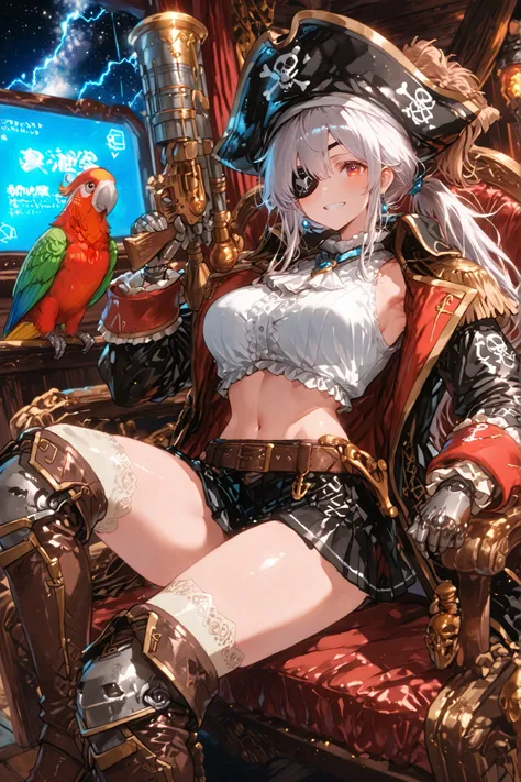 Pirate outfit、Leather Belt、I have a long open pirate coat、黒のニーハイboots、白いサイハイソックス
髑髏と骨が描かれたPirate Hat
黒い海賊のEye patch
肩に乗ったParrot、masterpiece,最High Quality,Super Detailed,high resolution,slender,High Quality、score_9、score_8_up、score_7_up、masterpiece、High Qua...