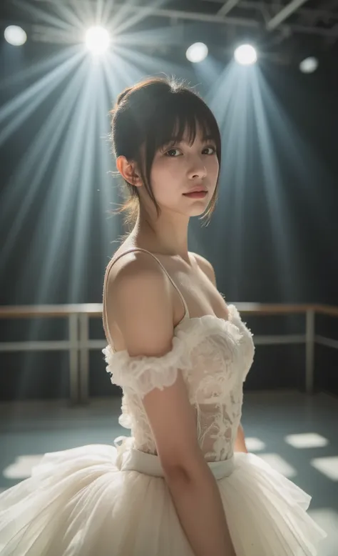 masterpiece, photorealistic, 8k UHD, ultra-detailed, hyper-realistic, best quality, Ballerina in white tutu captured during dress rehearsal, theatrical spotlights creating dramatic chiaroscuro effect, dappled light patterns across stage floor, shot with So...