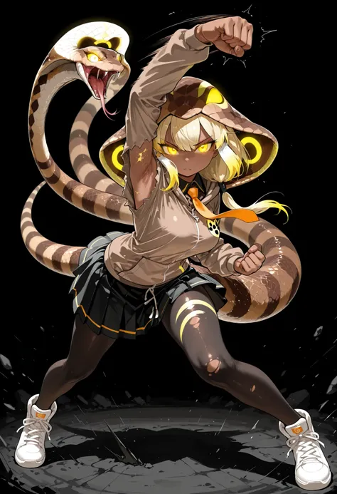 masterpiece:1.3,Highest Quality, as pictured, Ultra High Definition、((Kemono Friendsの King Cobra))、Kemono Friends、 King Cobra、 King Cobraの女の子、brown skin、Brown-skinned woman、(Girl in a Snake Hoodie)、Blonde、Blondeストレートロングヘア、sharp eye、, whose lower back mo...