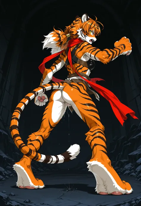 1girl, lori,monster girl,orange Tiger girl,(((Furry Hands 腕,Furry Hands ,fur feet ))),(claw),Tiger_ear,Tiger_Tail,(unkempt hair),low twinTail,whole,Gold Eyes,Slit Student , red scarf,fist, profile ,Looking Back,serious,Open His Mouth, 　Highest Quality,supe...