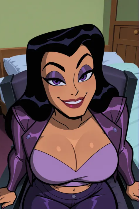 BREAK, score_8_up, score_7_up, score_6_up, score_9, h00nt33s 1girl, solo, long hair, large breasts, smile, black hair, purple eyes, makeup, lipstick, cleavage, curvy, athletic, looking at viewer, seducing viewer, teasing viewer, indoors, bedroom, sitting i...