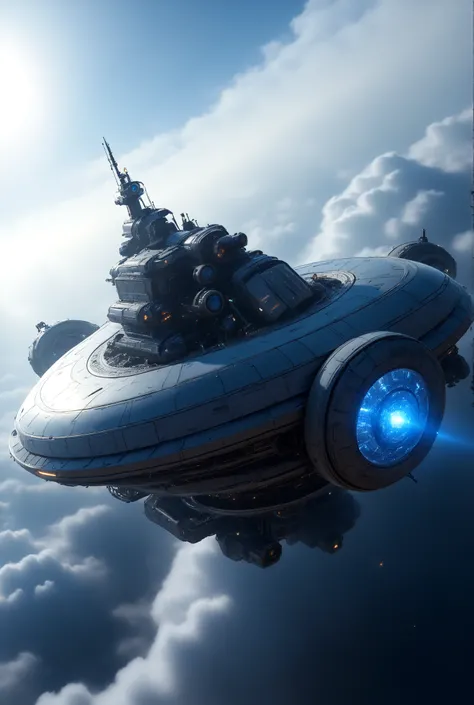 A colossal exposed gyroscope levitation engine integrated into the floating fortress,
multiple rotating metal rings with enormous mass,
partially open structural frame revealing the kinetic core,
motion blur on spinning rings, glowing rotational energy,
fu...