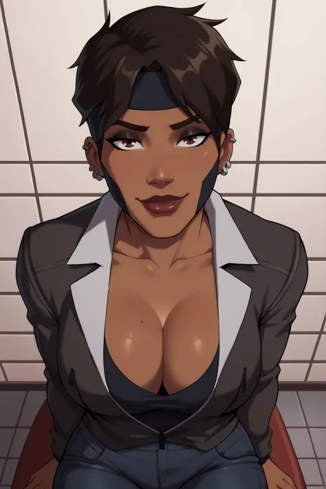 BREAK, score_6_up, score_9, score_8_up, score_7_up, high quality, masterpiece, Rocket, 1girl, solo, 2d, dark-skinned female, short hair, brown eyes, headband, piercing, earring, mask, lipstick, makeup, large breasts, cleavage, curvy, athletic, looking at v...