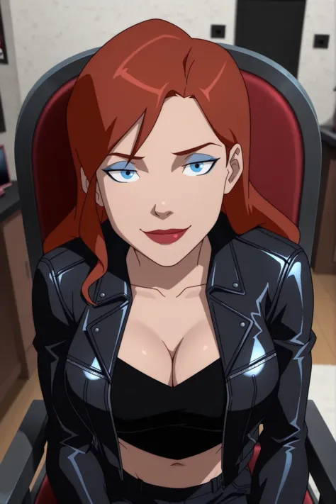 BREAK, score_6_up, score_7_up, score_8_up, score_9, 1girl, solo, b4rb4r4-b4t, blue eyes, long hair, red hair, brown hair, lipstick, makeup, large breasts, busty, cleavage, curvy, athletic, looking at viewer, seducing viewer, teasing viewer, seductive expre...