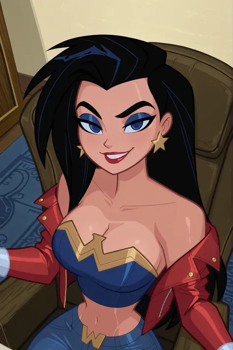 BREAK, score_6_up, score_9, score_8_up, score_7_up, ultra quality, solo, 1girl, wonderwomanjla, long hair, black hair, bare shoulders, jewelry, earrings, busty, long sleeves, red leather jacket, blue crop top, blue jeans, makeup, lipstick, star earrings, l...