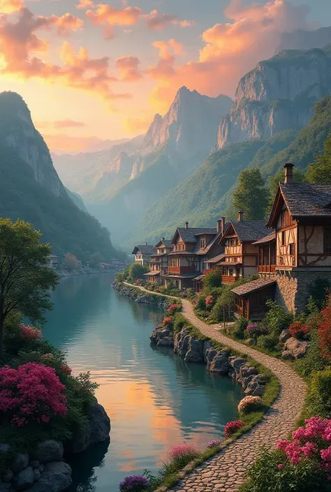 a small village by the river, mountains in the background, floral flowers colorful, detailed landscape, Beautiful natural landscapes, atmospheric lighting, scorching sunset, warm colours, practical, photopractical, Detailed Foliage, complex buildings, cobb...