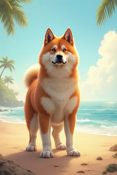 Create an image of an American Akita on the beach
