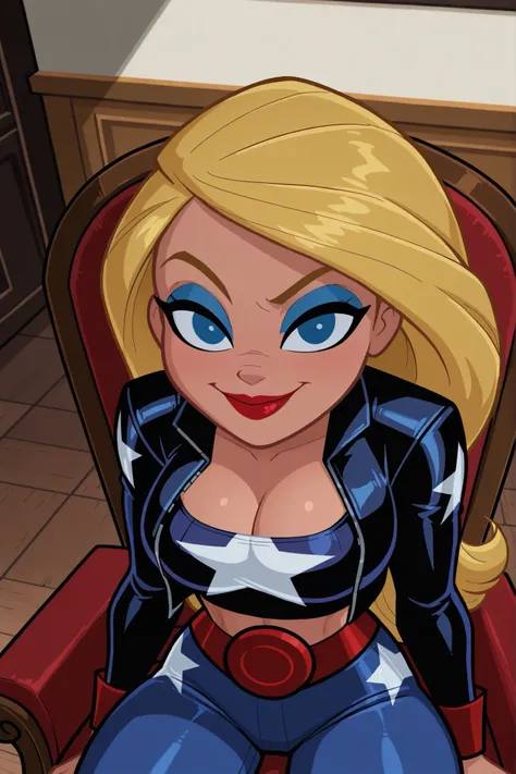 BREAK, score_6_up, score_7_up, score_8_up, score_9, Stargirl, 1girl, solo, long hair, blue eyes, blonde hair, lipstick, superhero, red lips, large breasts, cleavage, curvy, athletic, looking at viewer, seducing viewer, teasing viewer, smiling, closed mouth...