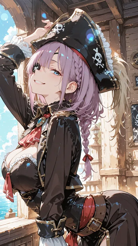 (masterpiece), (Highest Quality), (in en very detailed), (detail background), (so beautiful), 8k, 32K, high resolution,lens flare, (anime coloring:1.2),Watercolor-style, girl,pirate costume ,purple hair,side braid,blue eyes,Black Eye Patch,big breast,naugh...